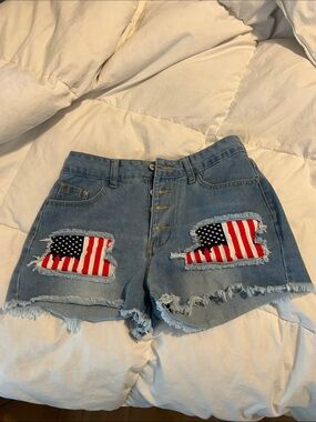 High-Rise Distressed Denim Shorts with American Flag Patch - Blue